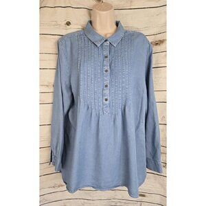 Coldwater Creek Pintucked Pleated Tunic Top Popover L Tencel Lyocell Womens